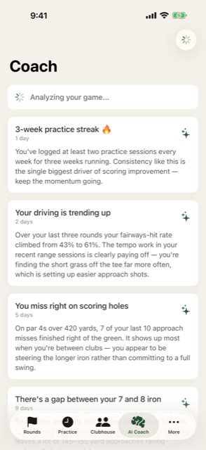 Range AI Coach screen with personalized insights about driving and approach play