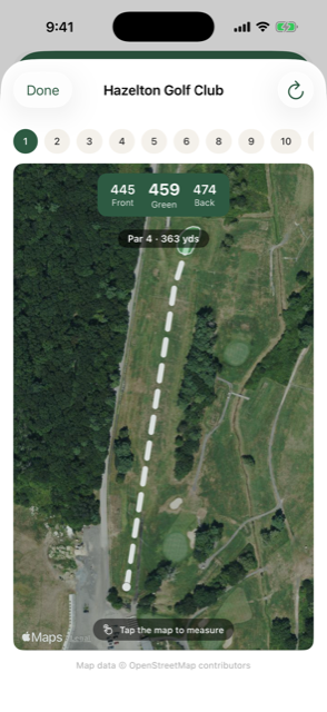 Range GPS course map showing a hole with live front, center and back distances to the green