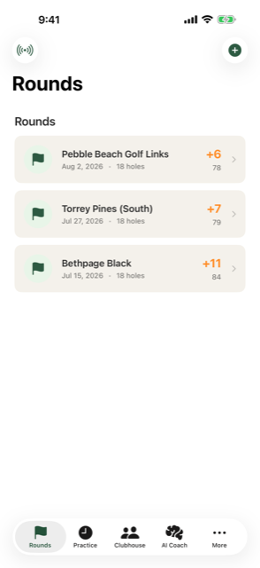 Range Rounds screen showing scored rounds at Pebble Beach, Torrey Pines and Bethpage Black